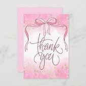 水カラーコケットピンクボウ金ゴールドグリッタースクリプト サンキューカード (正面/裏面)
