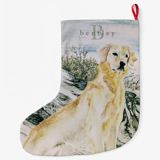 水カラーゴールデン誇りを持ったレトリエバードッグモノグラム ラージクリスマスストッキング (裏面)
