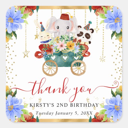 水カラーサーカス動物トレインフローラ誕生日 スクエアシール (正面)