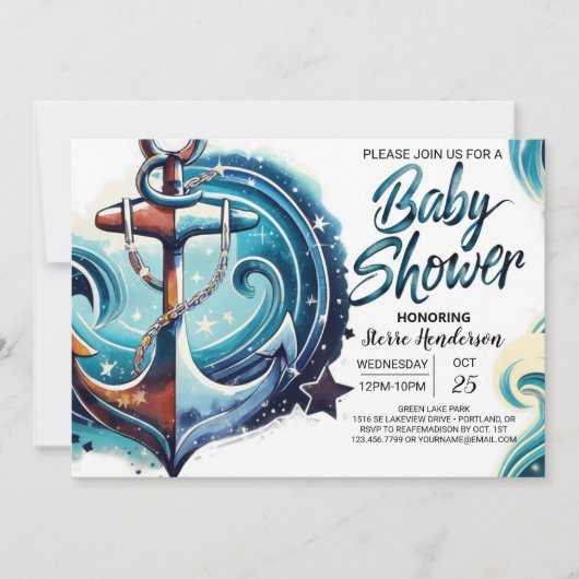 水カラーシックいかりベビーシャワー 招待状 (正面)