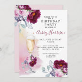 水カラーシャンパングラスフローラバースデーパーティー 招待状 (正面/裏面)