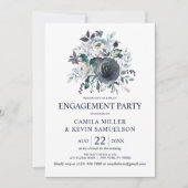 水カラーダスティブルーネイビーフローラ婚約パーティ 招待状 (正面)