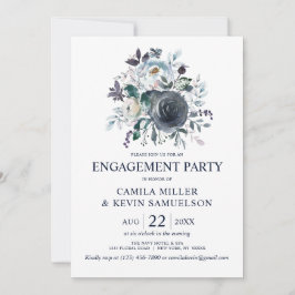 水カラーダスティブルーネイビーフローラ婚約パーティ 招待状