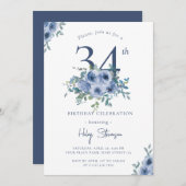 水カラーダスティブルーフローラ34thシック誕生日 招待状 (正面/裏面)