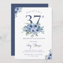水カラーダスティブルーフローラ37thシック誕生日 招待状