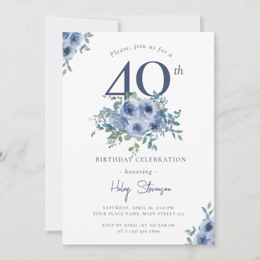 水カラーダスティブルーフローラ40thシック誕生日 招待状 (正面)