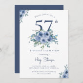 水カラーダスティブルーフローラ57thシック誕生日 招待状 (正面/裏面)