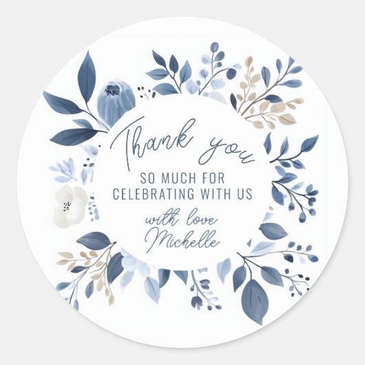 水カラーダスティーブルーフローラボホブライダルシャワー ラウンドシール (正面)