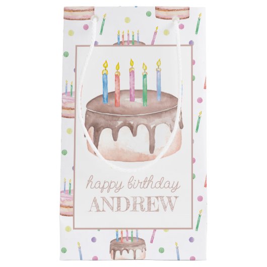 水カラーチョコレートお誕生日ケーキ パーソナライズされた スモールペーパーバッグ (正面)