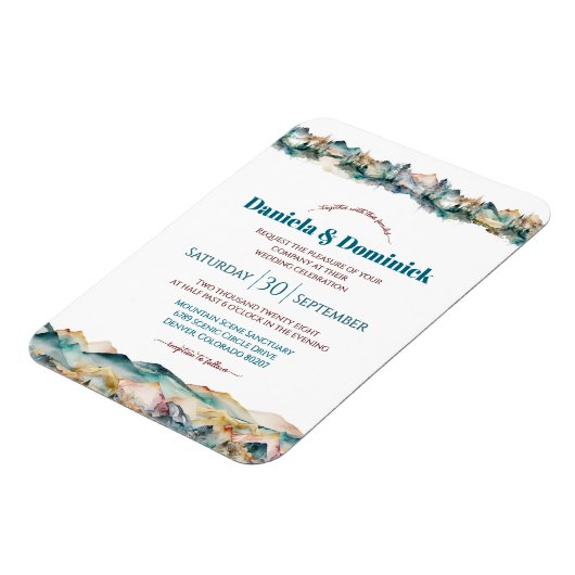 水カラーティール(緑がかった色)オレンジマウンテン結婚式招待状 マグネット (左側)