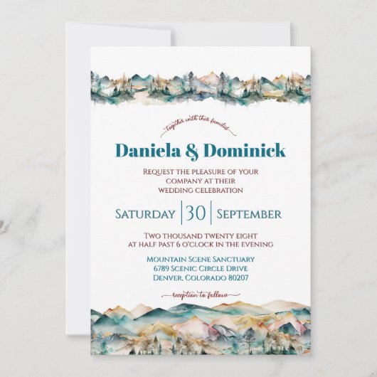 水カラーティール(緑がかった色)オレンジマウンテン結婚式招待状 招待状 (正面)