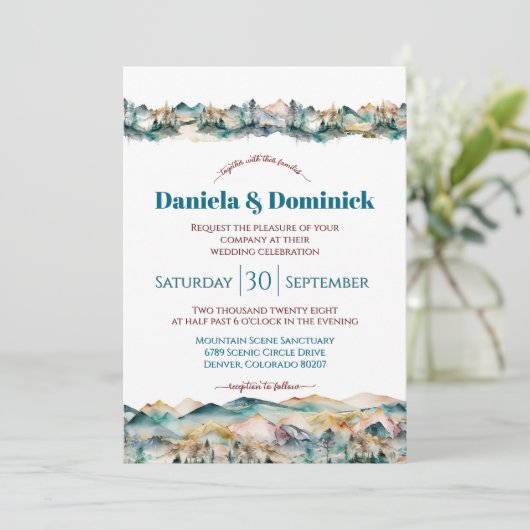 水カラーティール(緑がかった色)オレンジマウンテン結婚式招待状 招待状 (スタンド正面)