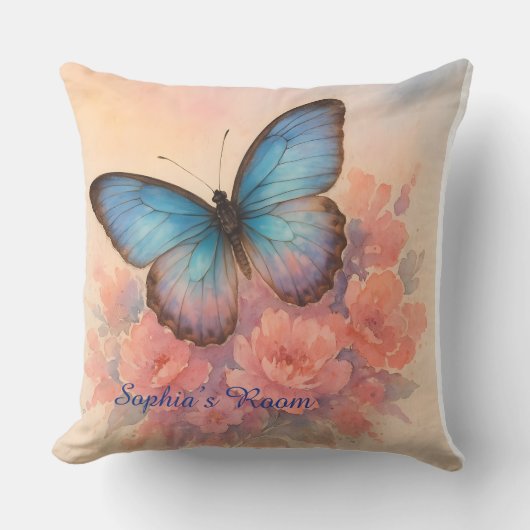 水カラーバタフライガーデンピンクフローラアートデザイン クッション (正面)
