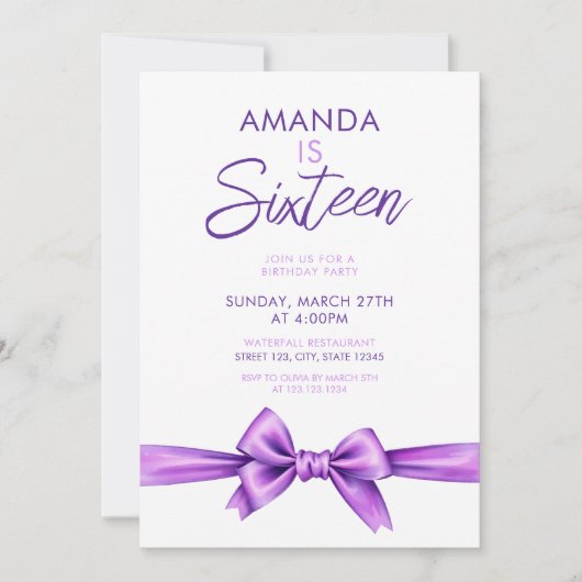 水カラーパープルボウコケットスウィート16誕生日 招待状 (正面)