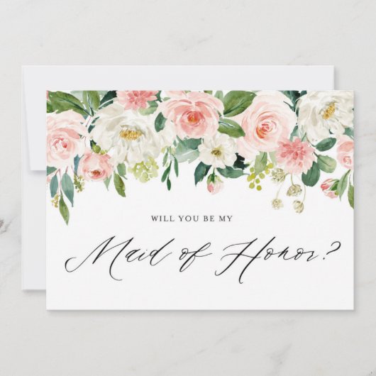 水カラーピンクピーチ花模様ズベミーメイド・オブ・オーナー（花嫁付き添い人） 招待状 (正面)