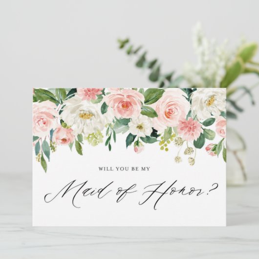 水カラーピンクピーチ花模様ズベミーメイド・オブ・オーナー（花嫁付き添い人） 招待状 (スタンド正面)