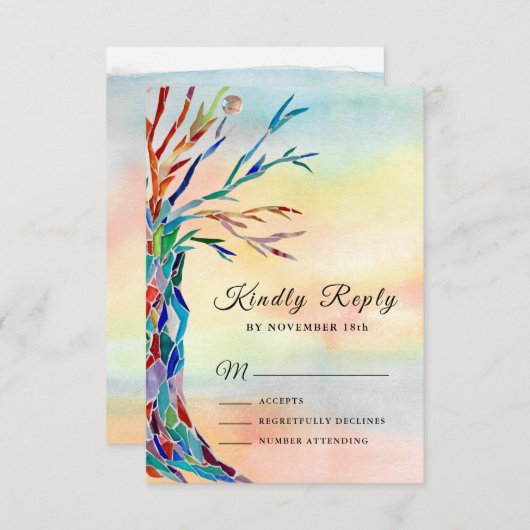 水カラーファミリーツリーバプテスマ《キリスト教》洗礼式や命名式RSVP 出欠カード (正面/裏面)