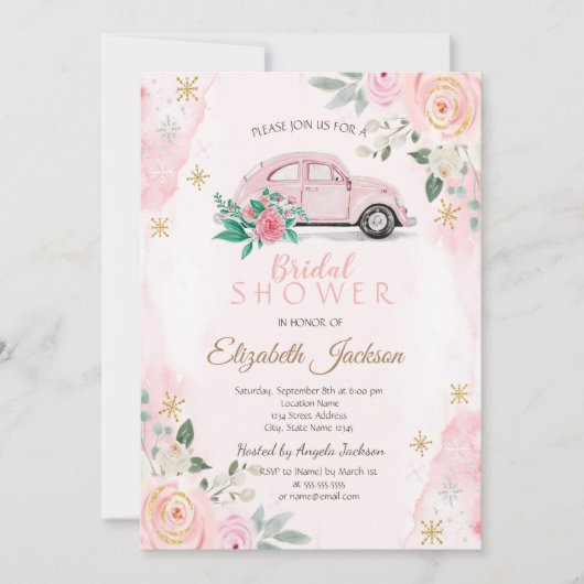 水カラーフラワーズスノーフレークスカーブライダルシャワー 招待状 (正面)