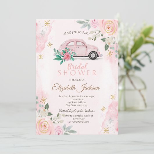 水カラーフラワーズスノーフレークスカーブライダルシャワー 招待状 (スタンド正面)