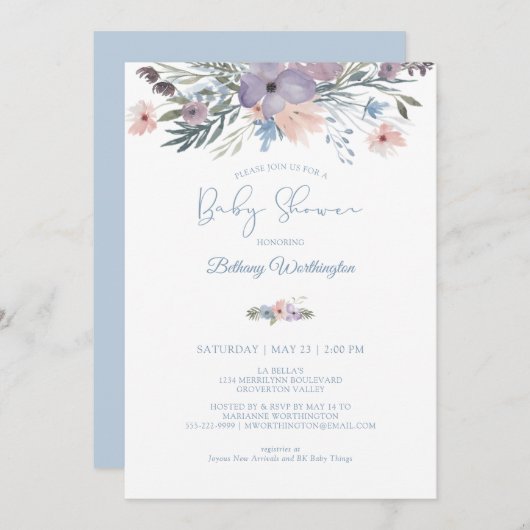 水カラーフローラほこりっぽいブルーバイオレットベビーシャワー 招待状 (正面/裏面)