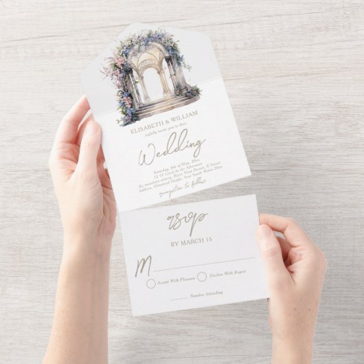 水カラーフローラアーチウェディングRsvp オールインワン招待状 (貼ってはがせる)