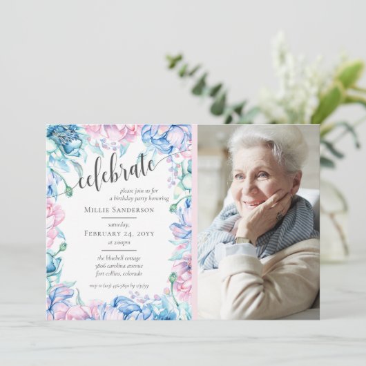 水カラーフローラエレガントファームハウス誕生日写真 招待状 (スタンド正面)
