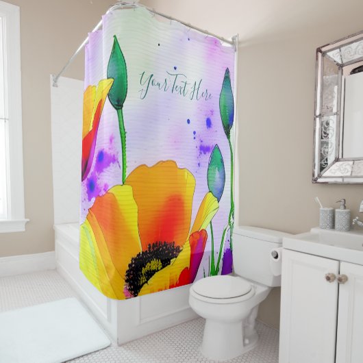 水カラーフローラカリフォルニアポピーズオレンジイエロー シャワーカーテン (インサイチュ)