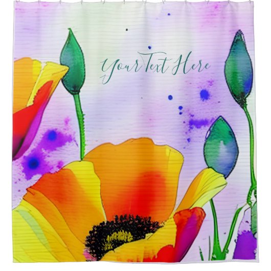 水カラーフローラカリフォルニアポピーズオレンジイエロー シャワーカーテン (正面)