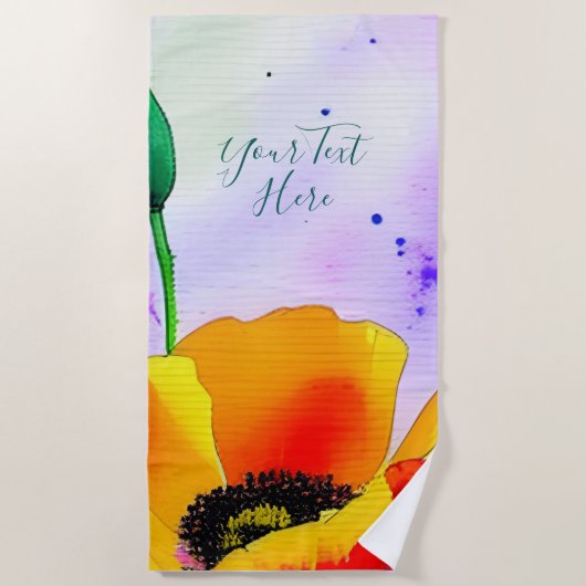 水カラーフローラカリフォルニアポピーズオレンジイエロー ビーチタオル (正面)