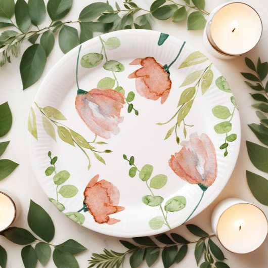 水カラーフローラコーラルグリーンブライダルシャワー ペーパープレート