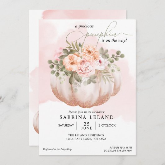水カラーフローラコーラルピーチカボチャ赤ちゃんシャワー 招待状 (正面/裏面)