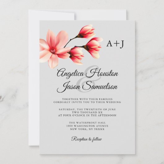 水カラーフローラコーラルピーチグレーグレイ結婚ズ 招待状 (正面)