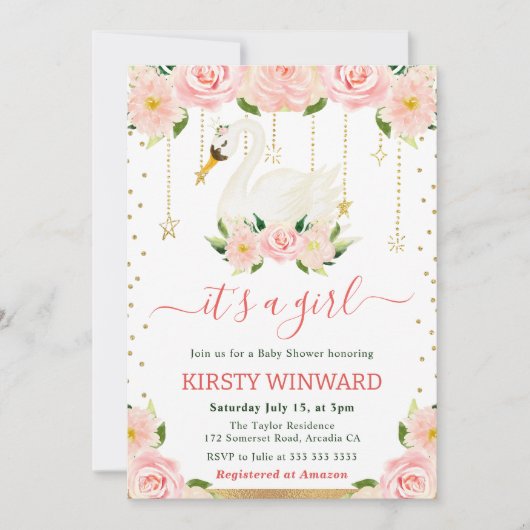 水カラーフローラスワンガールベビーシャワー 招待状 (正面)