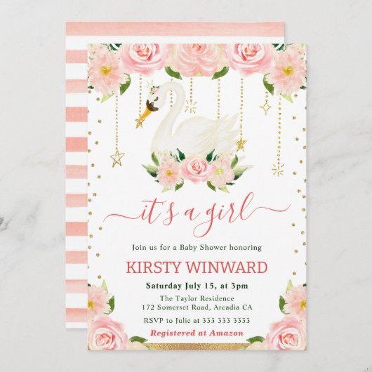 水カラーフローラスワンガールベビーシャワー 招待状 (正面/裏面)