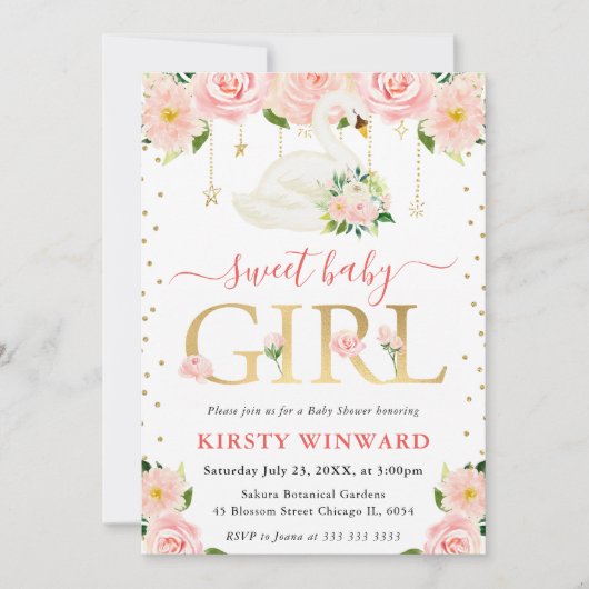 水カラーフローラスワンガールベビーシャワー 招待状 (正面)