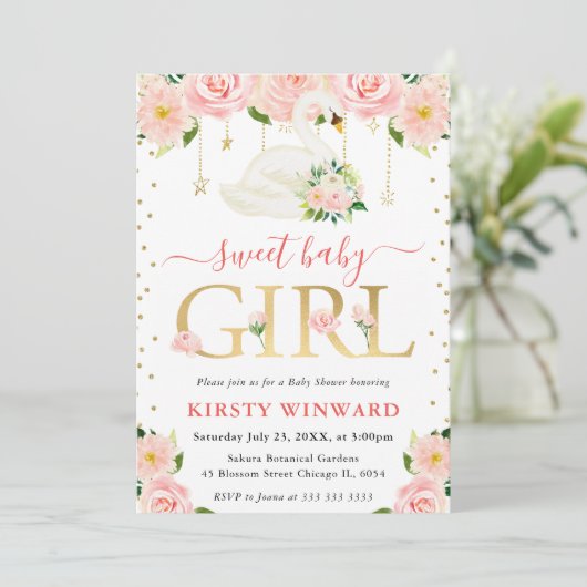 水カラーフローラスワンガールベビーシャワー 招待状 (スタンド正面)