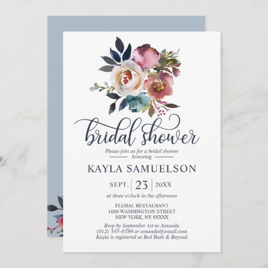 水カラーフローラダスティーブルーバラブライダルシャワー 招待状 (正面/裏面)