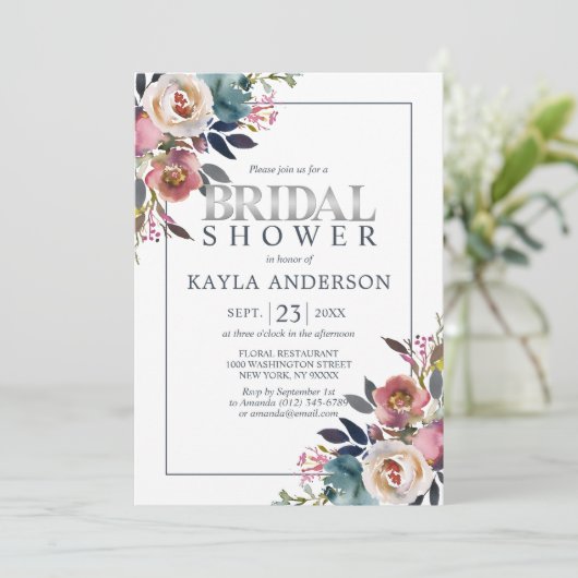 水カラーフローラダスティーブルーバラブライダルシャワー 招待状 (スタンド正面)