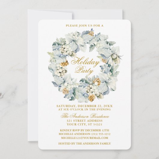 水カラーフローラダスティーブルー金ゴールドホリデーパーティー 招待状 (正面)