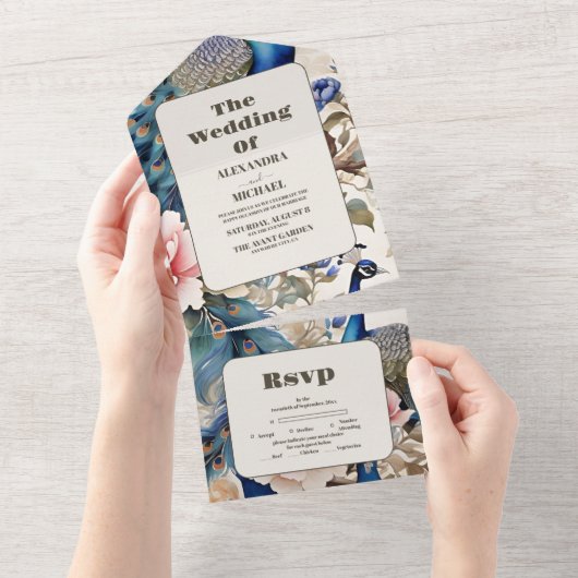 水カラーフローラピーコックチノアイ結婚ズリー オールインワン招待状 (貼ってはがせる)