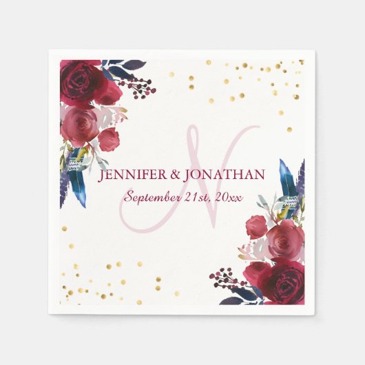 水カラーフローラブルガンディーワインリース結婚ズ スタンダードカクテルナプキン (正面)