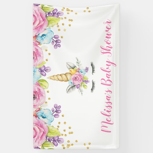 水カラーフローラユニコーンベビーシャワー 横断幕 (縦)