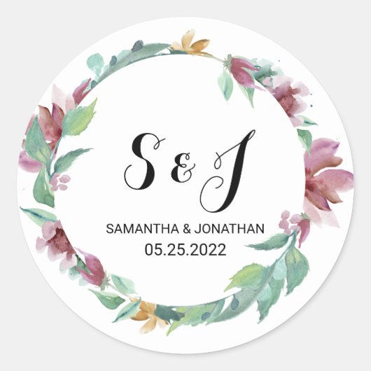 水カラーフローラリース新郎新婦の名前 ラウンドシール (正面)