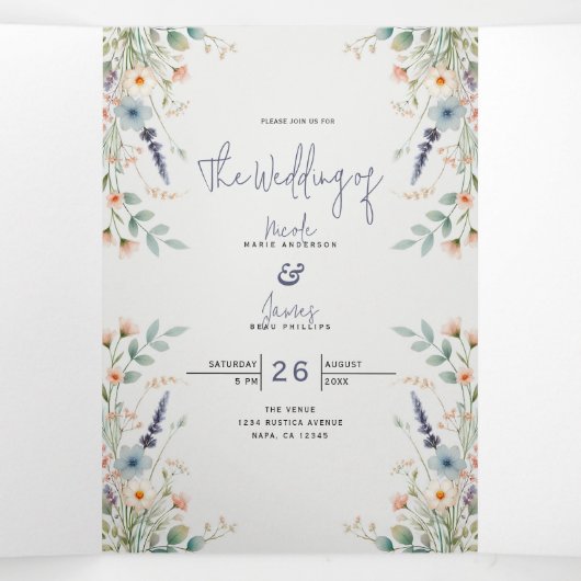 水カラーフローラワイルドフラワー春の結婚式 三つ折り招待状 (内部中)