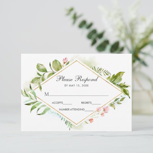 水カラーフローラ野生の緑の葉の結婚式RSVP 出欠カード (スタンド正面)