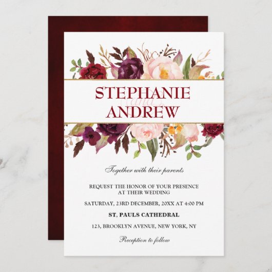 水カラーブルガンディレッドフローラ素朴ボー 招待状 (正面/裏面)