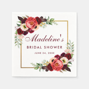 水カラーブルゴーニュフローラ金ゴールドボホブライダルシャワー スタンダードカクテルナプキン