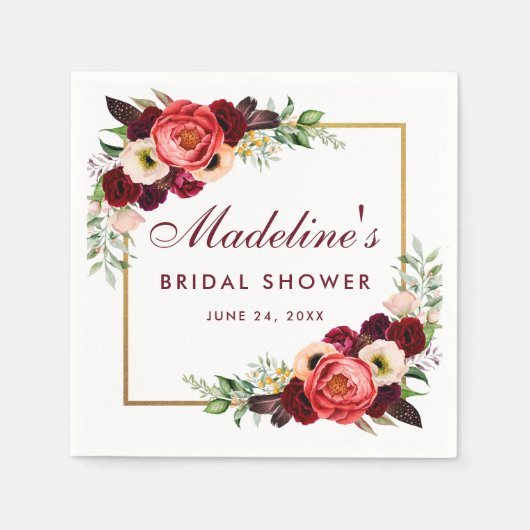 水カラーブルゴーニュフローラ金ゴールドボホブライダルシャワー スタンダードカクテルナプキン (正面)