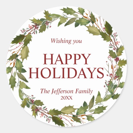 水カラーホリー葉リースクリスマスホリデー ラウンドシール (正面)