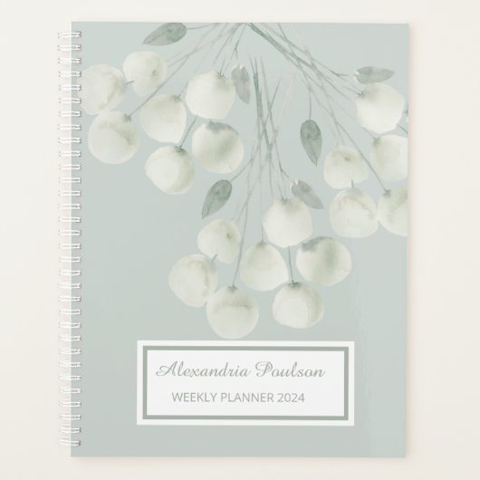水カラーホワイト花模様ティール（緑がかった色）ウィークリープランナー プランナー手帳 (正面)